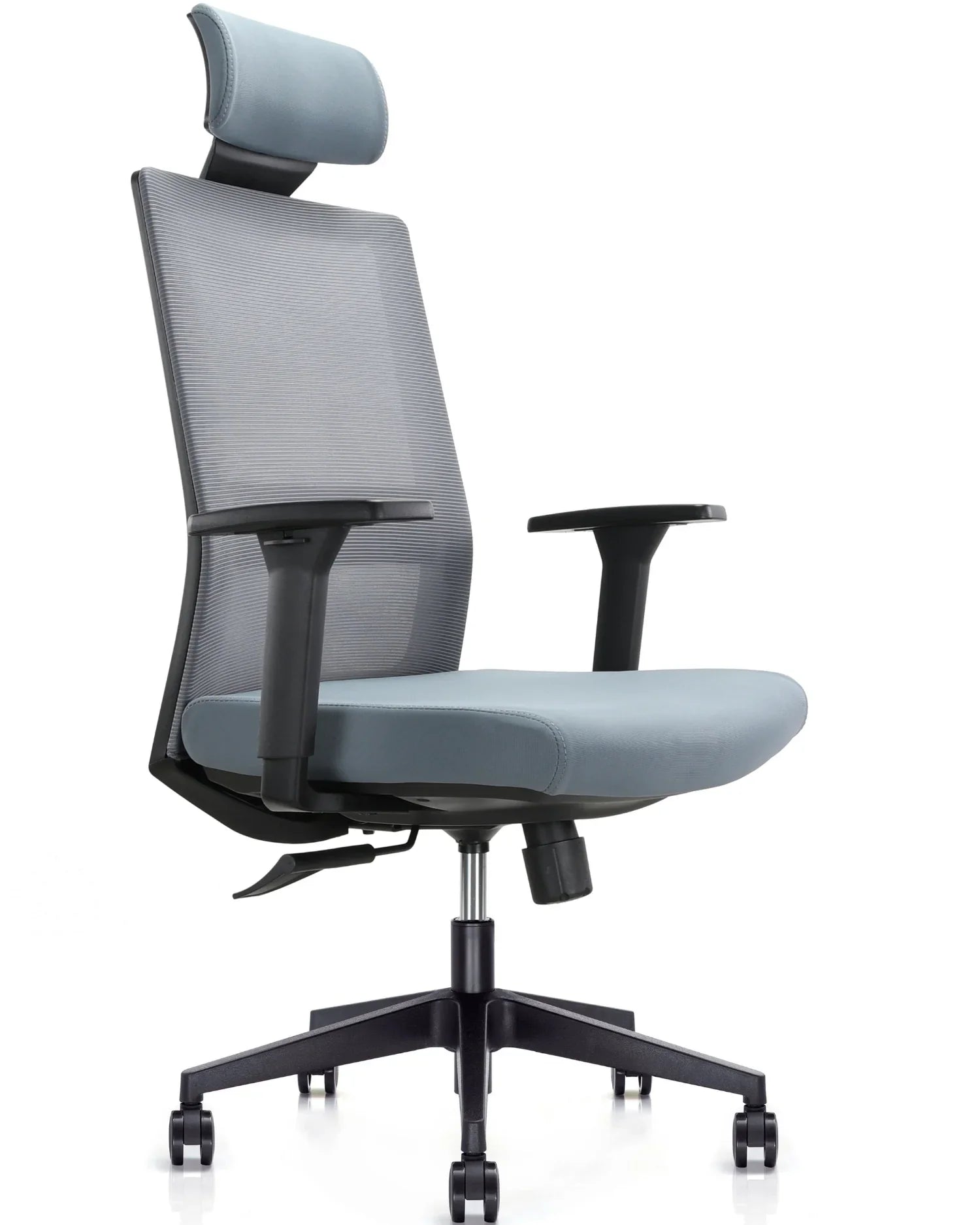 Vista en ángulo de la silla de oficina Benessere gris, mostrando su diseño ergonómico