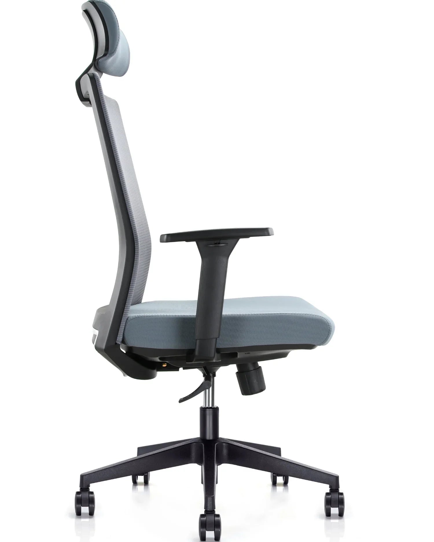 Perfil izquierdo de la silla ergonómica Benessere gris, destacando su soporte lumbar
