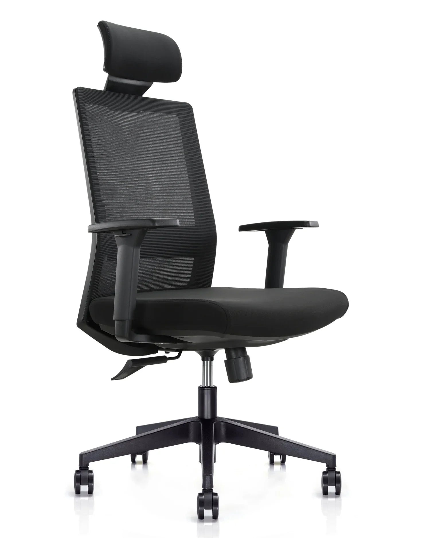 Vista de perfil izquierdo de la silla ergonómica Benessere negra, mostrando su soporte lumbar
