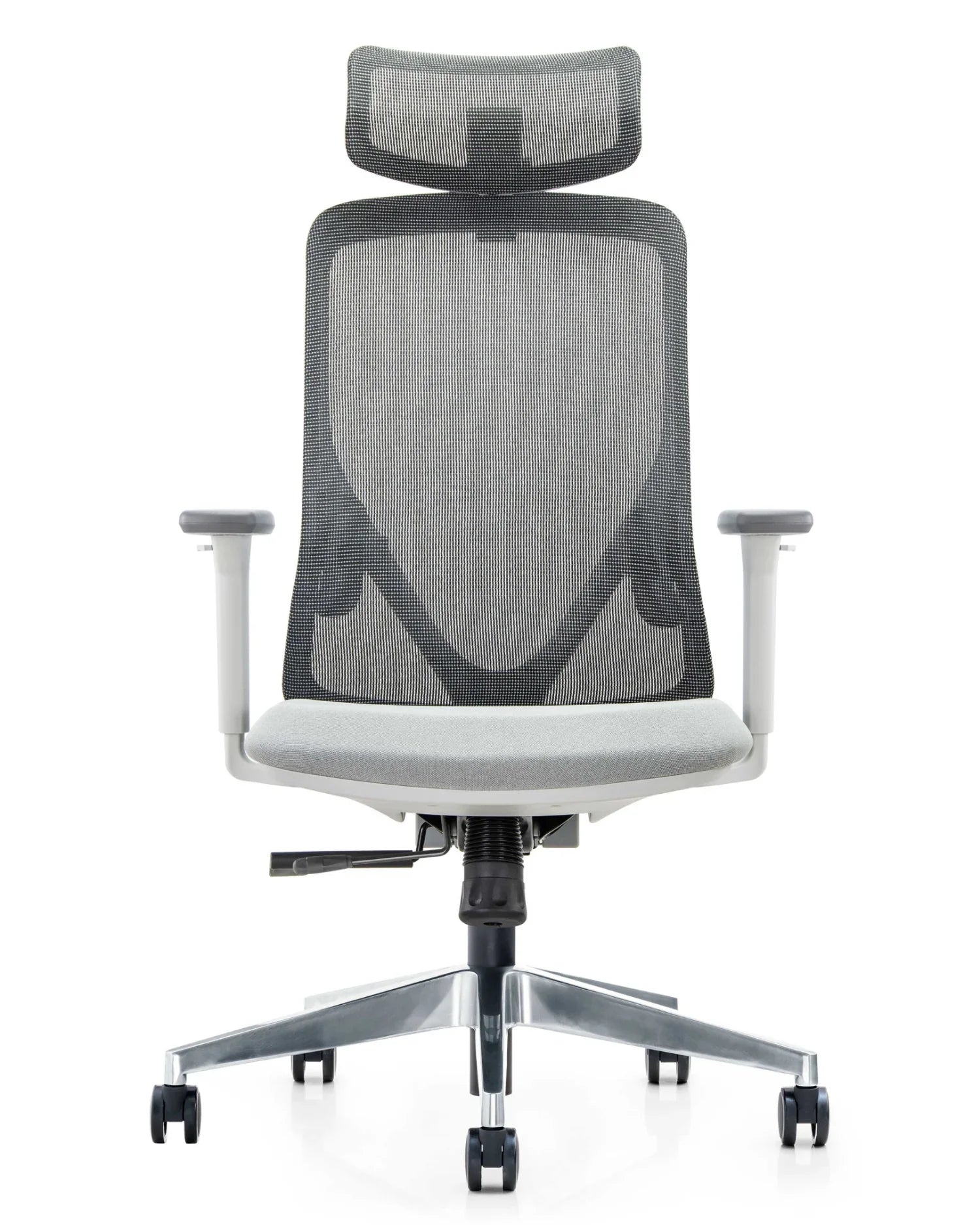 Vista frontal de la Silla Gerencial Placidita Plus con tapizado gris y estructura blanca