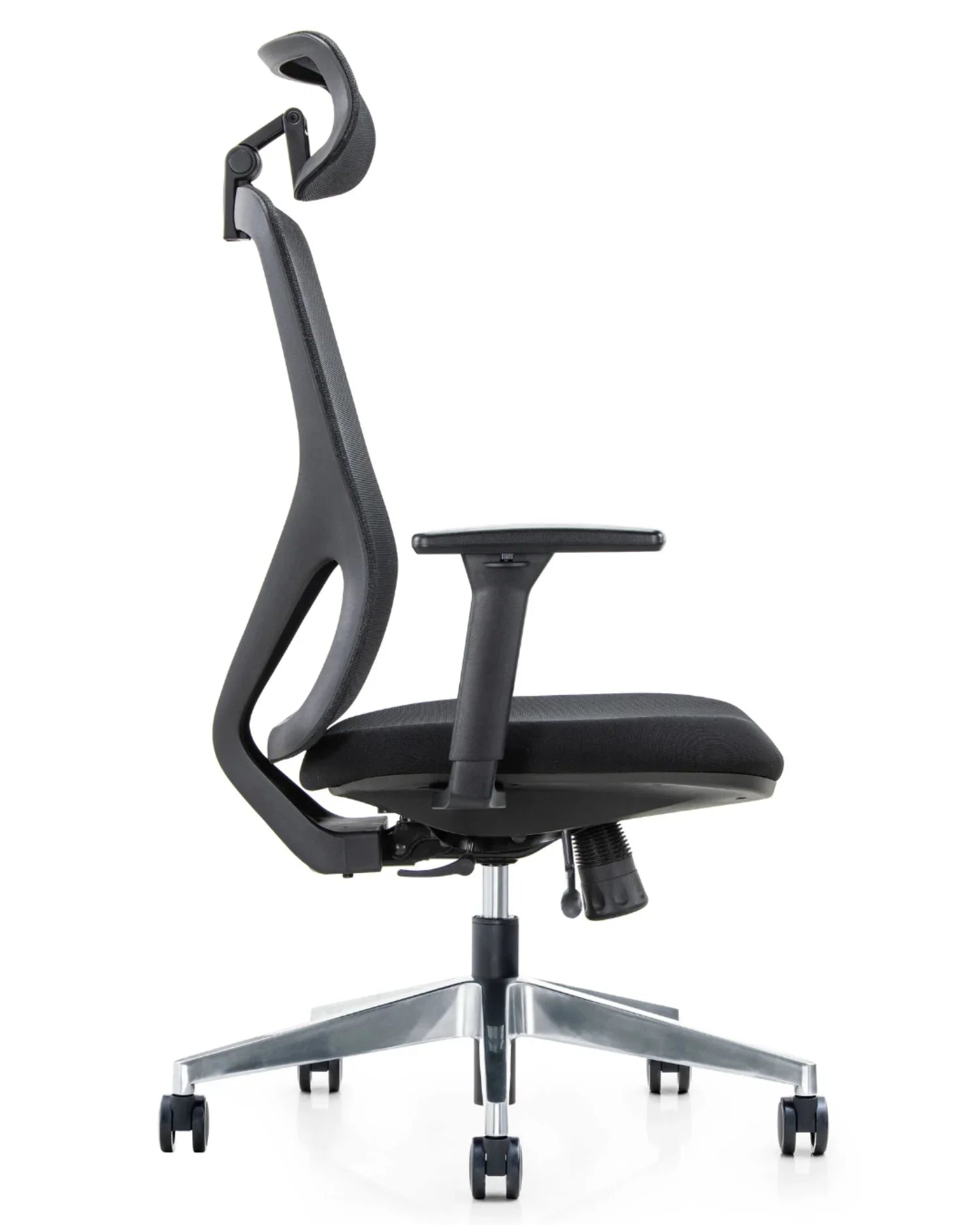 Perfil de la silla de oficina Placidita Plus, mostrando su cabecero y soporte lumbar ajustable