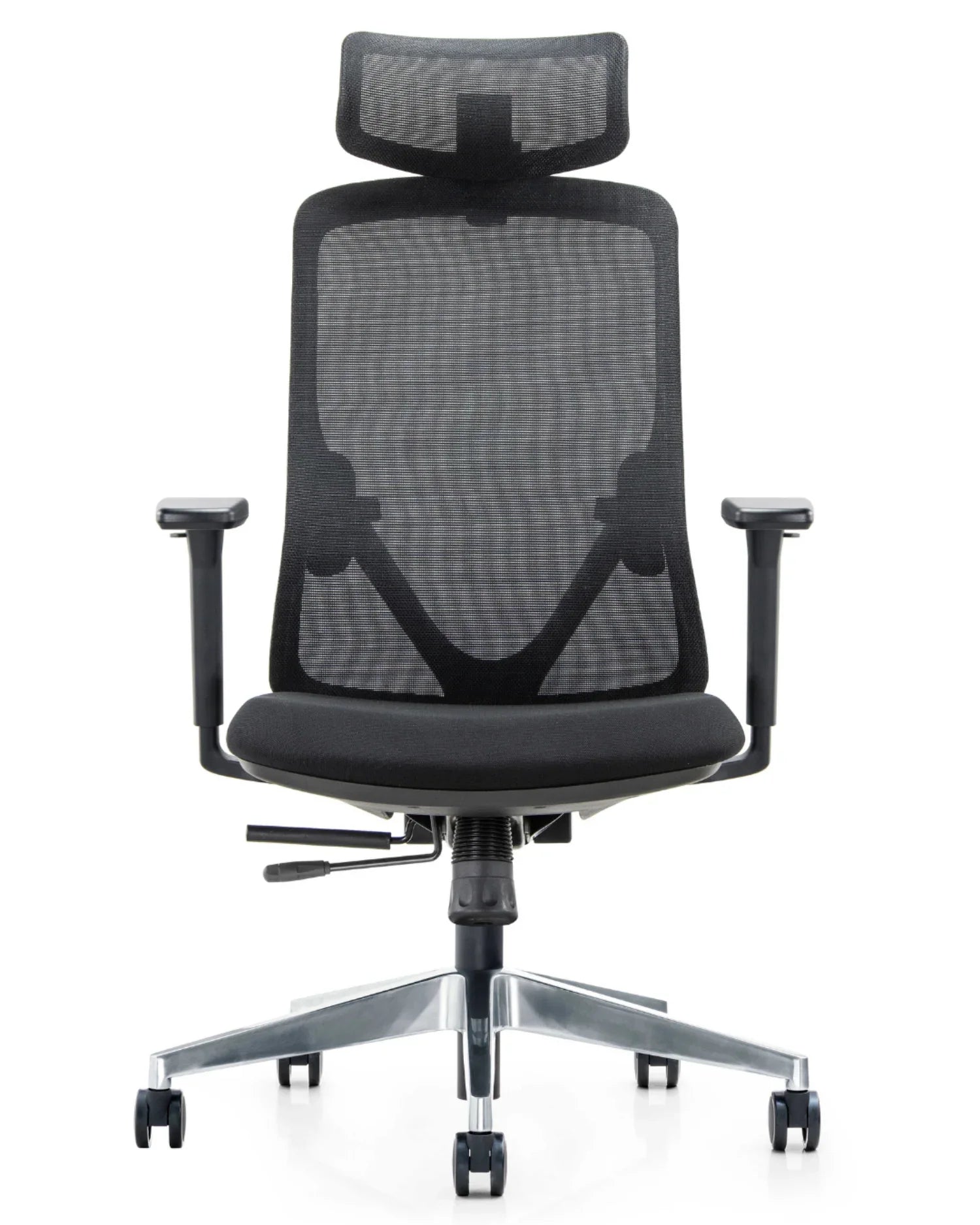 Vista frontal de la Silla Gerencial Placidita Plus en color negro con base cromada