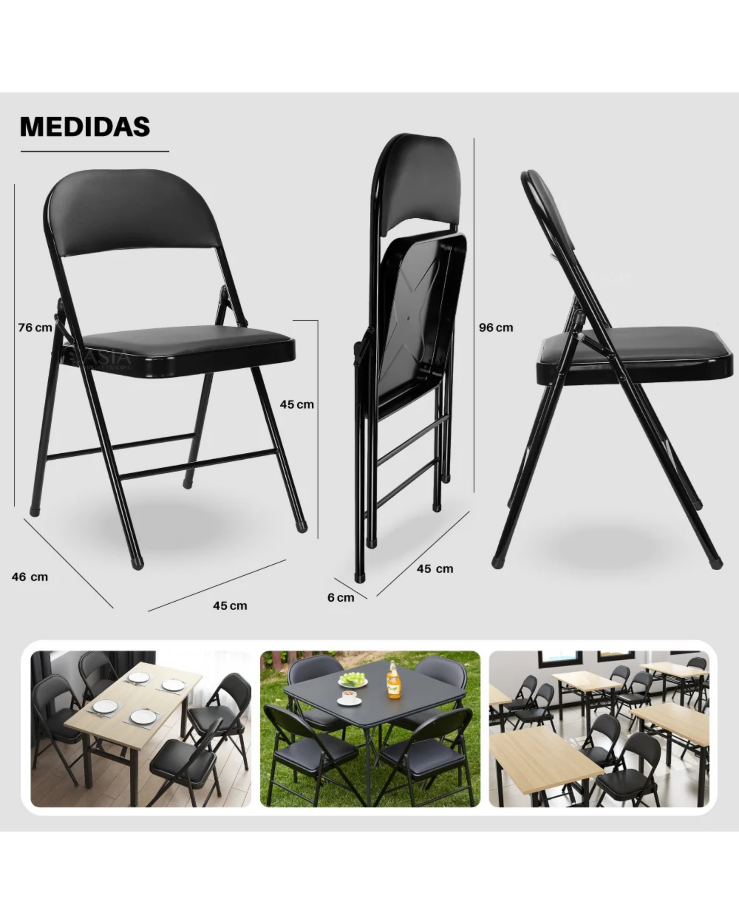 Infografía con las medidas y ejemplos de uso de la silla plegable metálica negra