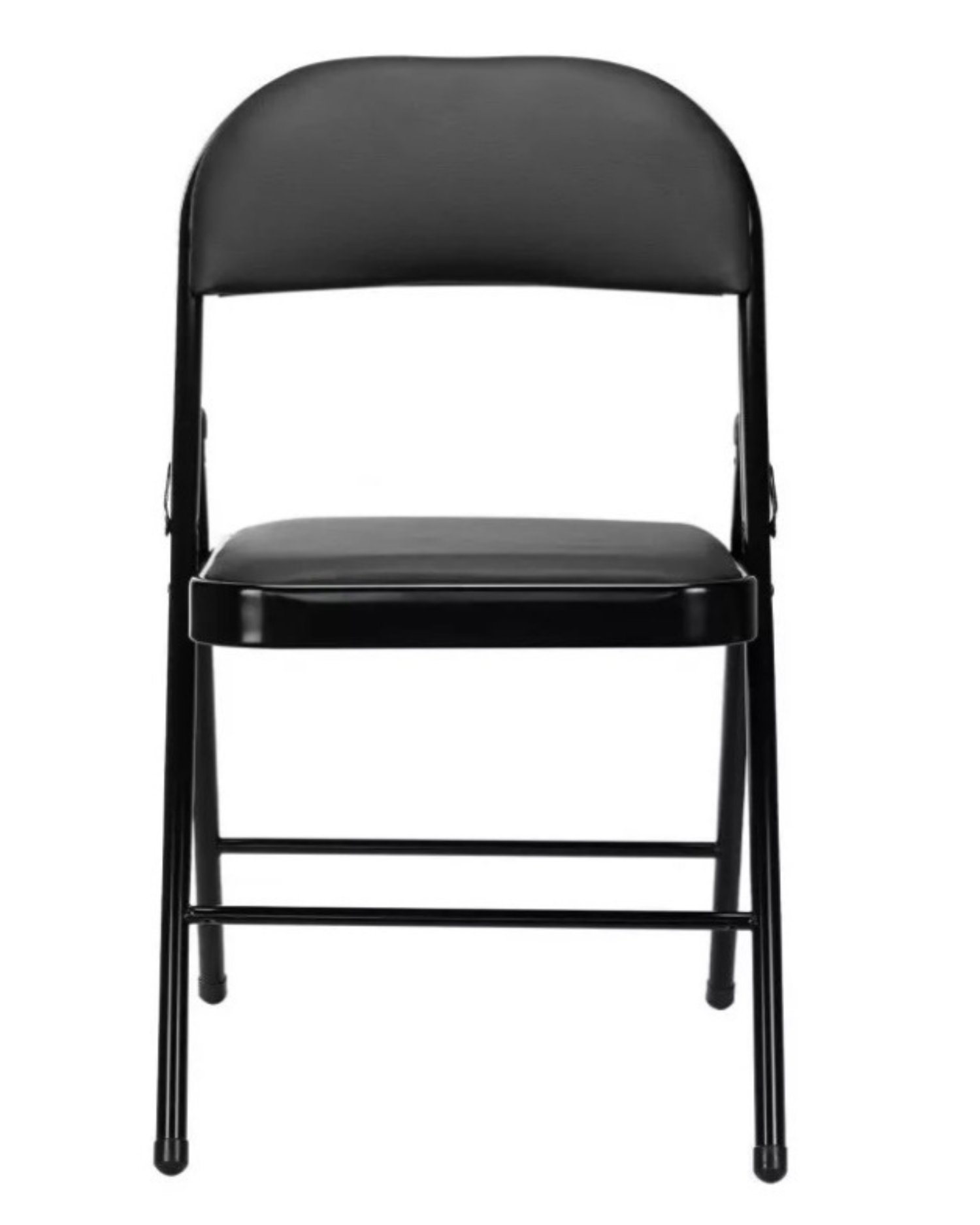 Vista frontal de la silla plegable metálica con asiento y respaldo de ecocuero negro