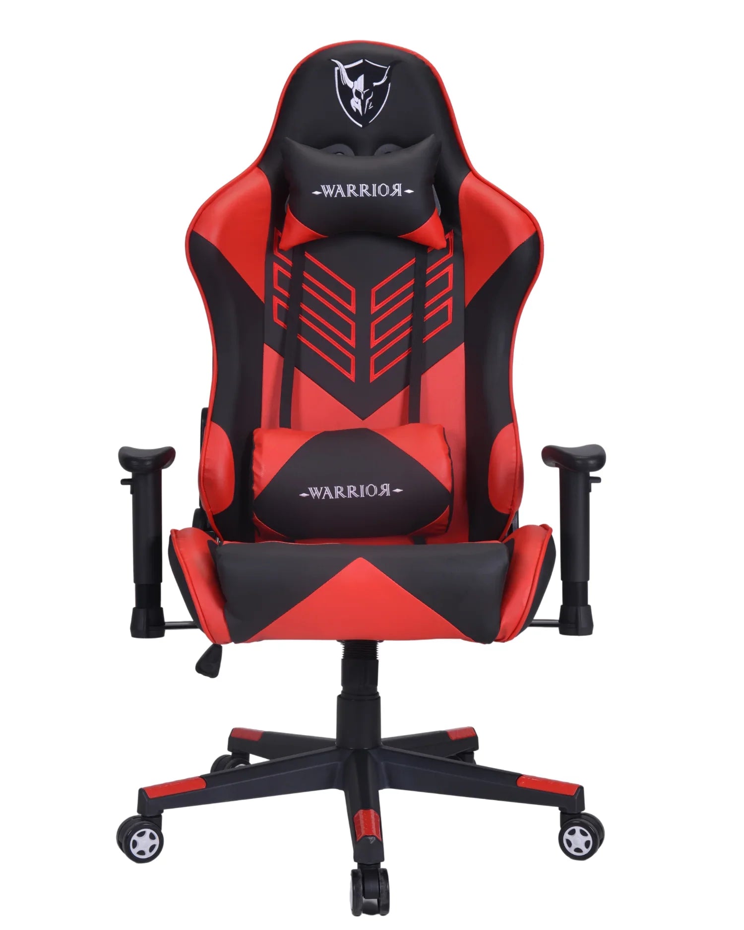 Vista frontal de la silla gamer profesional Warrior Red Mars en color rojo y negro